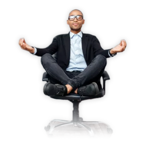 Man sitting on office chair in sukhasana easy yoga pose