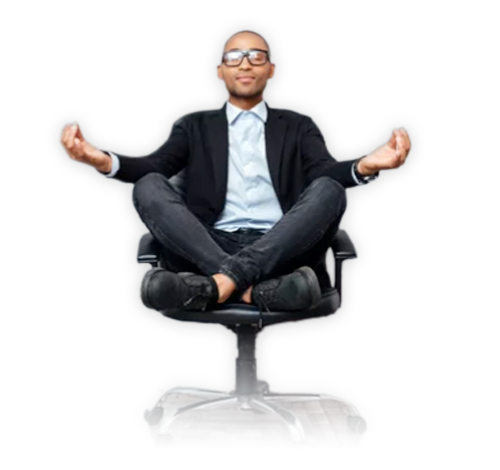 levitate-employee3 Man sitting on office chair in sukhasana easy yoga pose